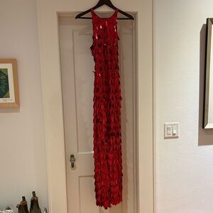 Tadashi Shoji red sequin fringe gown